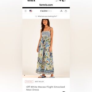 Farm Rio Off White Macaw Flight Smocked Maxi Dress